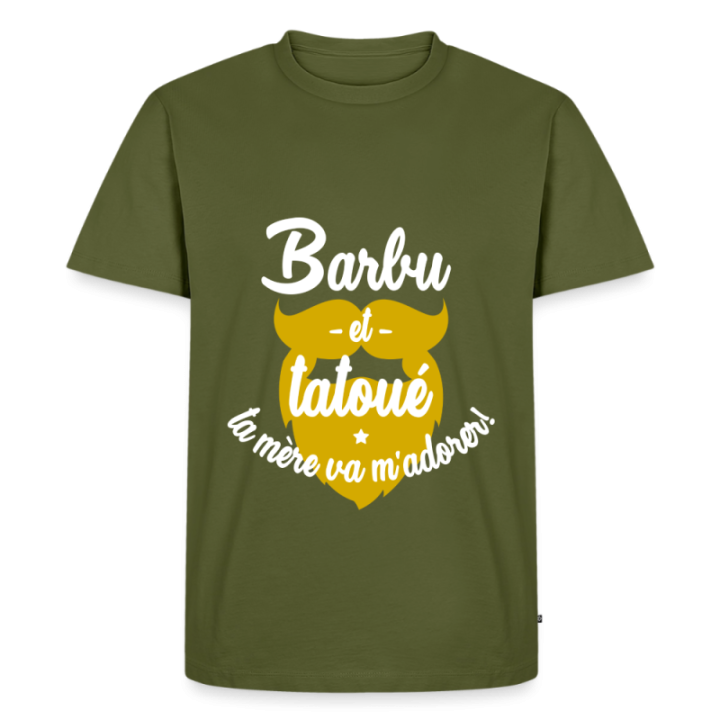 T-shirt premium homme - Barbu et tatoué: Ta mère va m'adorer - kaki - front