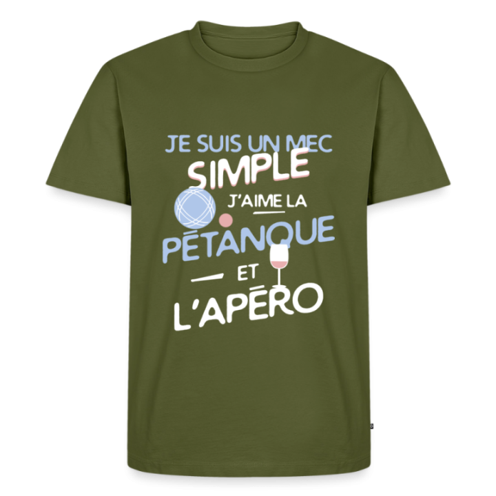 T-shirt premium homme - Un mec simple: Pétanque et apéro - kaki - front