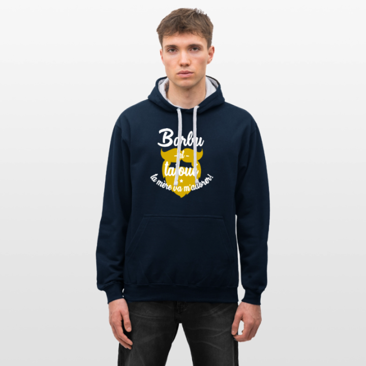 Sweat-shirt à capuche contrasté unisexe - Barbu et tatoué: Ta mère va m'adorer - bleu marine/gris chiné - front