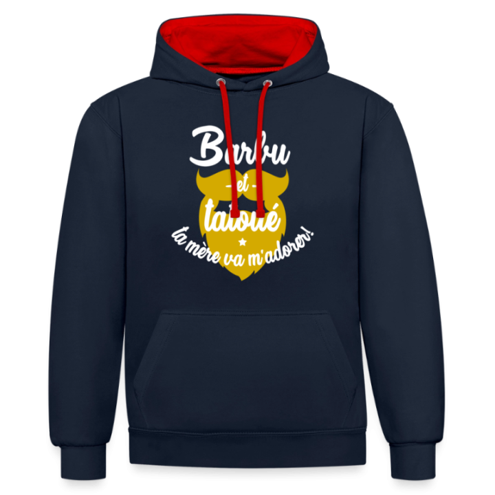 Sweat-shirt à capuche contrasté unisexe - Barbu et tatoué: Ta mère va m'adorer - bleu marine/rouge - front