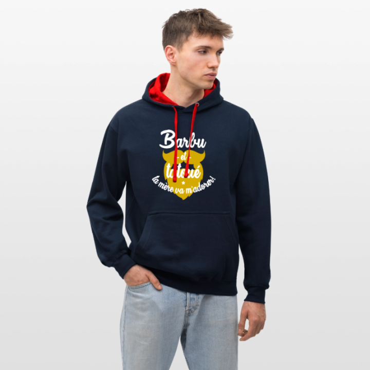 Sweat-shirt à capuche contrasté unisexe - Barbu et tatoué: Ta mère va m'adorer - bleu marine/rouge - front