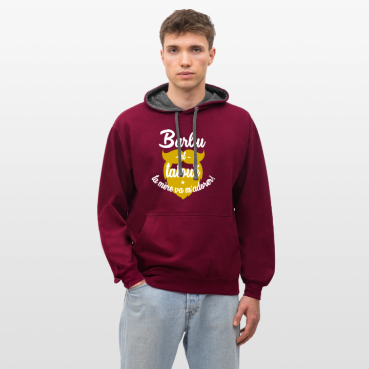 Sweat-shirt à capuche contrasté unisexe - Barbu et tatoué: Ta mère va m'adorer - bordeaux/anthracite - front