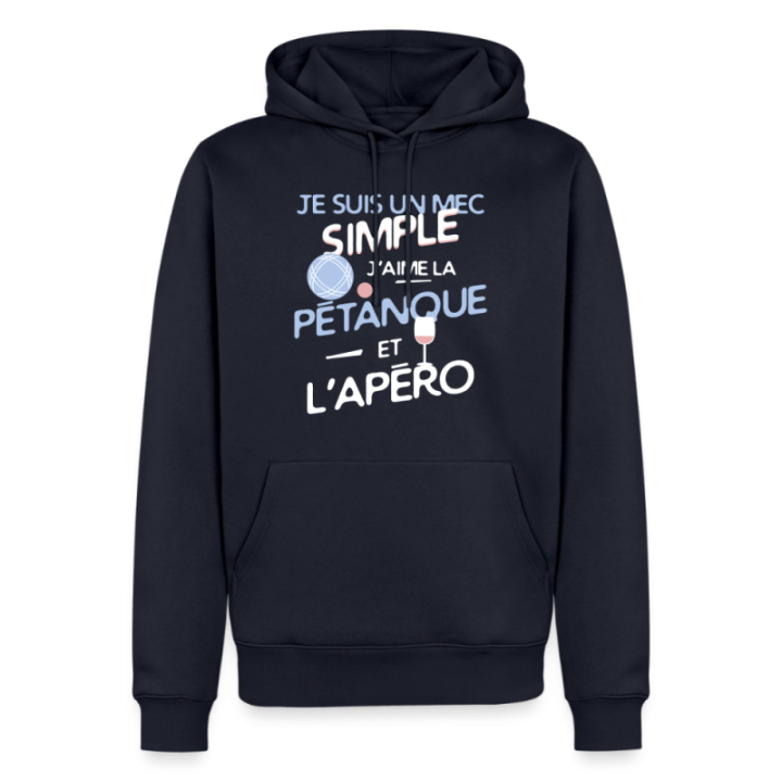 Sweat-shirt à capuche premium homme - Un mec simple: Pétanque et apéro - bleu marine - front