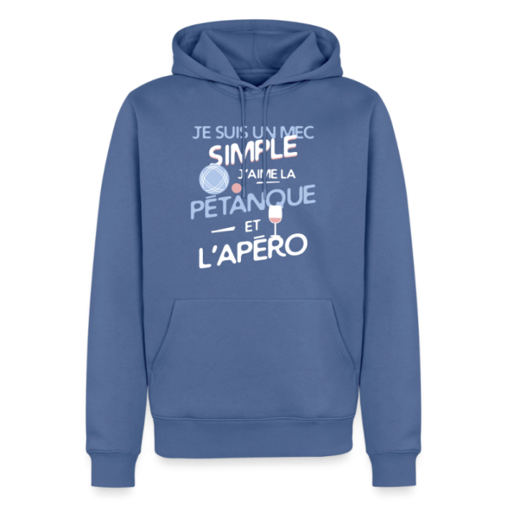 Sweat-shirt à capuche premium homme - Un mec simple: Pétanque et apéro - bleu pigeon - front