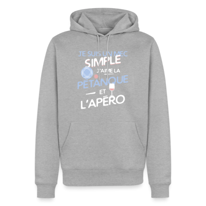 Sweat-shirt à capuche premium homme - Un mec simple: Pétanque et apéro - gris chiné - front