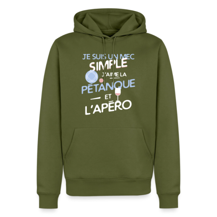 Sweat-shirt à capuche premium homme - Un mec simple: Pétanque et apéro - kaki - front
