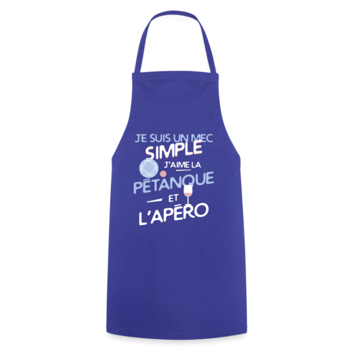 Tablier de cuisine - Un mec simple: Pétanque et apéro - bleu royal - front