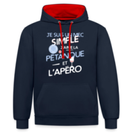Sweat-shirt à capuche contrasté unisexe - Un mec simple: Pétanque et apéro - bleu marine/rouge - front