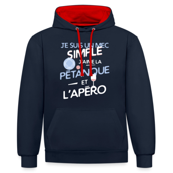 Sweat-shirt à capuche contrasté unisexe - Un mec simple: Pétanque et apéro - bleu marine/rouge - front