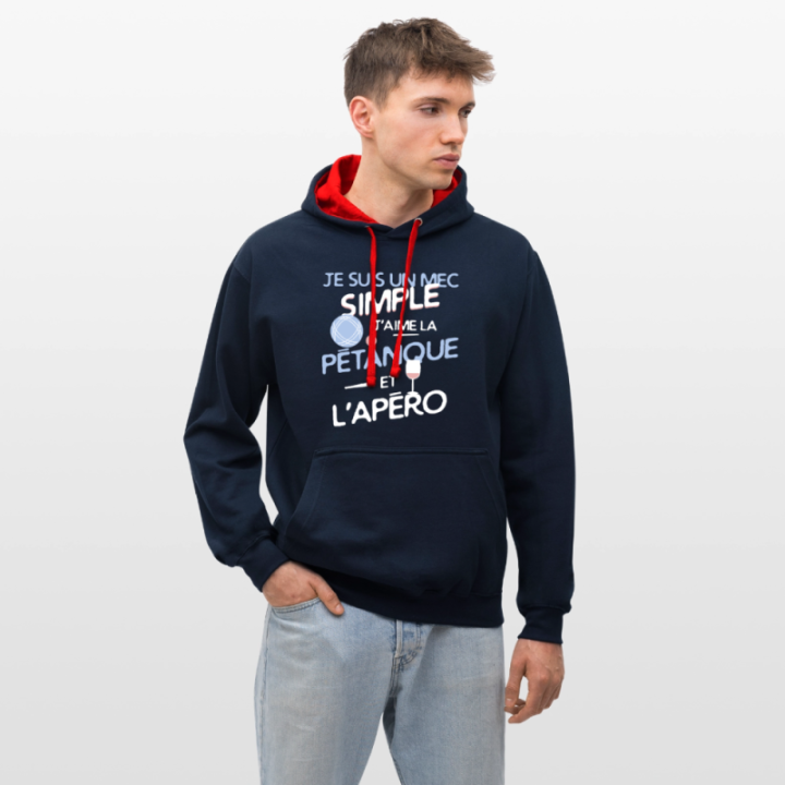 Sweat-shirt à capuche contrasté unisexe - Un mec simple: Pétanque et apéro - bleu marine/rouge - front