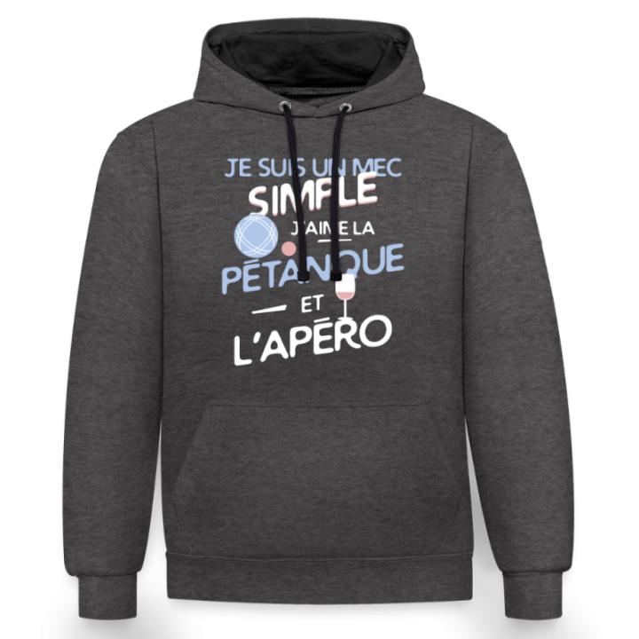 Sweat-shirt à capuche contrasté unisexe - Un mec simple: Pétanque et apéro - anthracite/noir - front