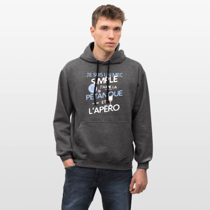 Sweat-shirt à capuche contrasté unisexe - Un mec simple: Pétanque et apéro - anthracite/noir - front