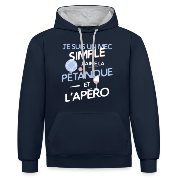 Sweat-shirt à capuche contrasté unisexe - Un mec simple: Pétanque et apéro - bleu marine/gris chiné - front