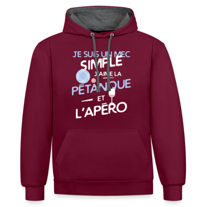 Sweat-shirt à capuche contrasté unisexe - Un mec simple: Pétanque et apéro - bordeaux/anthracite - front