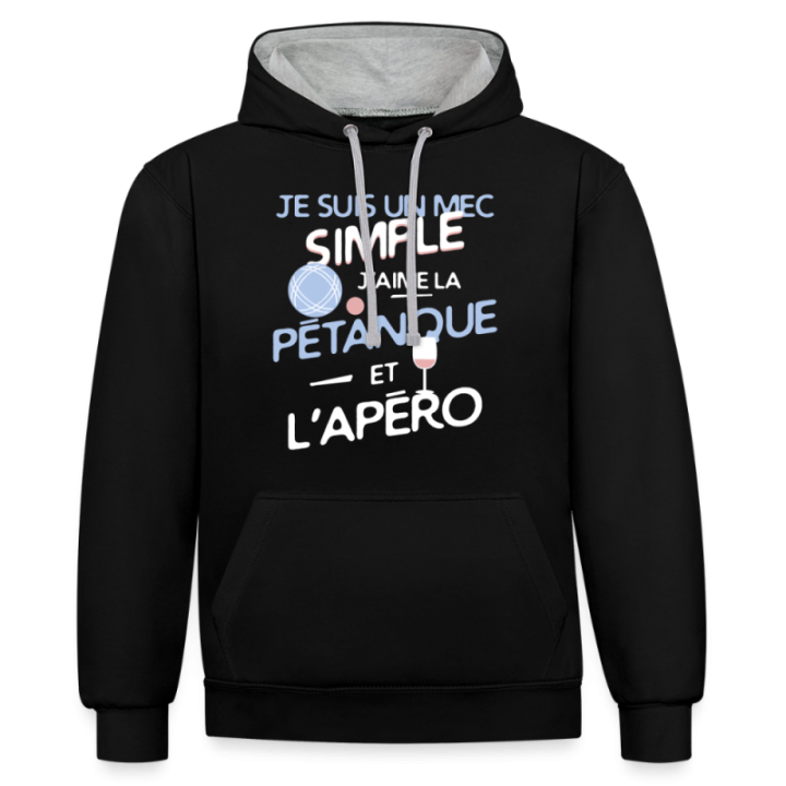 Sweat-shirt à capuche contrasté unisexe - Un mec simple: Pétanque et apéro - noir/gris chiné - front