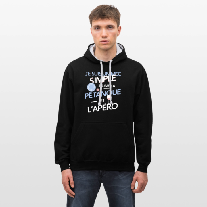 Sweat-shirt à capuche contrasté unisexe - Un mec simple: Pétanque et apéro - noir/gris chiné - front