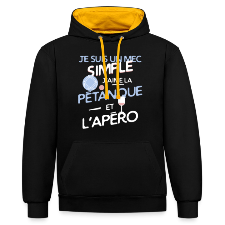 Sweat-shirt à capuche contrasté unisexe - Un mec simple: Pétanque et apéro - noir/or - front