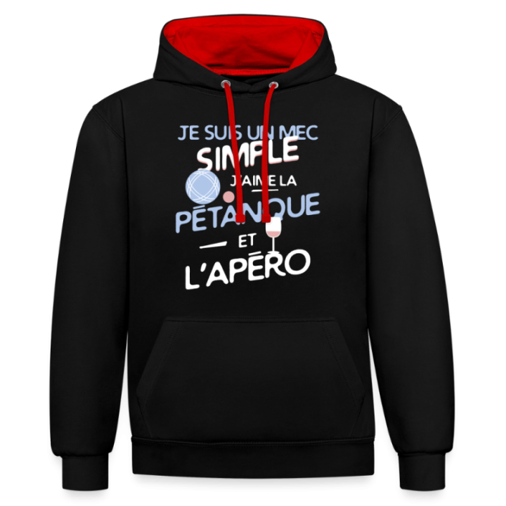 Sweat-shirt à capuche contrasté unisexe - Un mec simple: Pétanque et apéro - noir/rouge - front