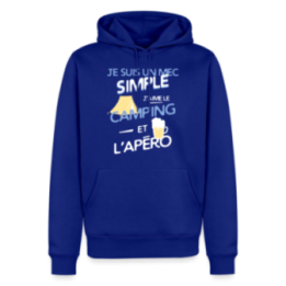 Sweat-shirt à capuche premium homme - Un mec simple: Camping et apéro - bleu roi - front
