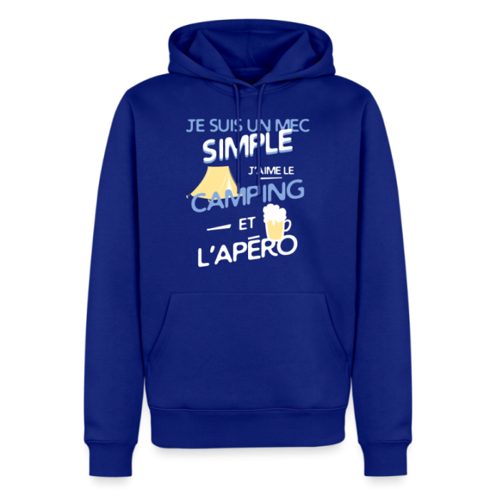 Sweat-shirt à capuche premium homme - Un mec simple: Camping et apéro - bleu roi - front