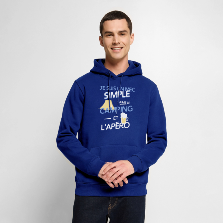 Sweat-shirt à capuche premium homme - Un mec simple: Camping et apéro - bleu roi - front