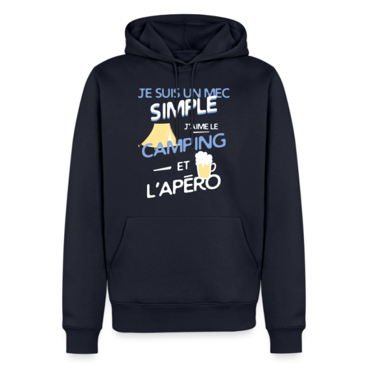 Sweat-shirt à capuche premium homme - Un mec simple: Camping et apéro - bleu marine - front