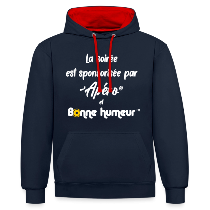Sweat-shirt à capuche contrasté unisexe - Soirée apéro et bonne humeur - bleu marine/rouge - front