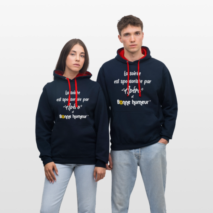 Sweat-shirt à capuche contrasté unisexe - Soirée apéro et bonne humeur - bleu marine/rouge - front