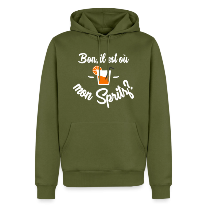 Sweat-shirt à capuche premium homme - Il est où mon spritz? - kaki - front