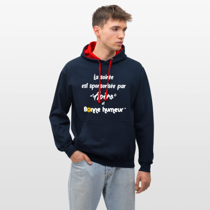 Sweat-shirt à capuche contrasté unisexe - Soirée apéro et bonne humeur - bleu marine/rouge - front