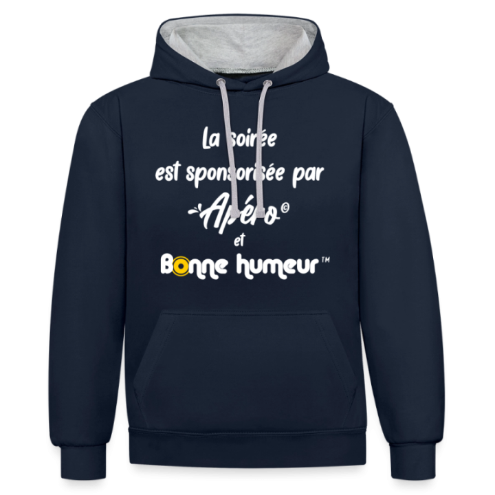 Sweat-shirt à capuche contrasté unisexe - Soirée apéro et bonne humeur - bleu marine/gris chiné - front