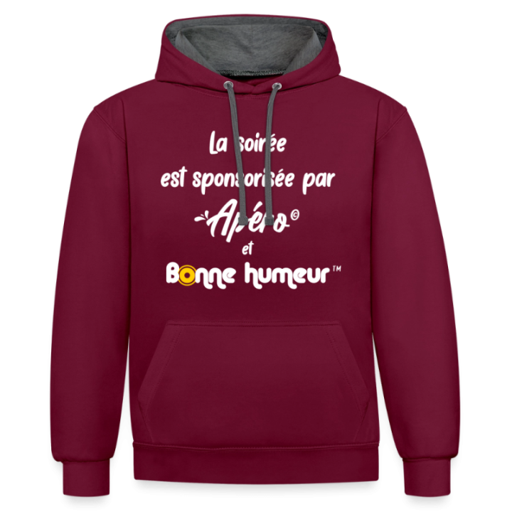 Sweat-shirt à capuche contrasté unisexe - Soirée apéro et bonne humeur - bordeaux/anthracite - front