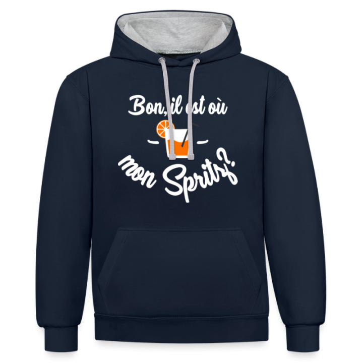 Sweat-shirt à capuche contrasté unisexe - Il est où mon spritz? - bleu marine/gris chiné - front