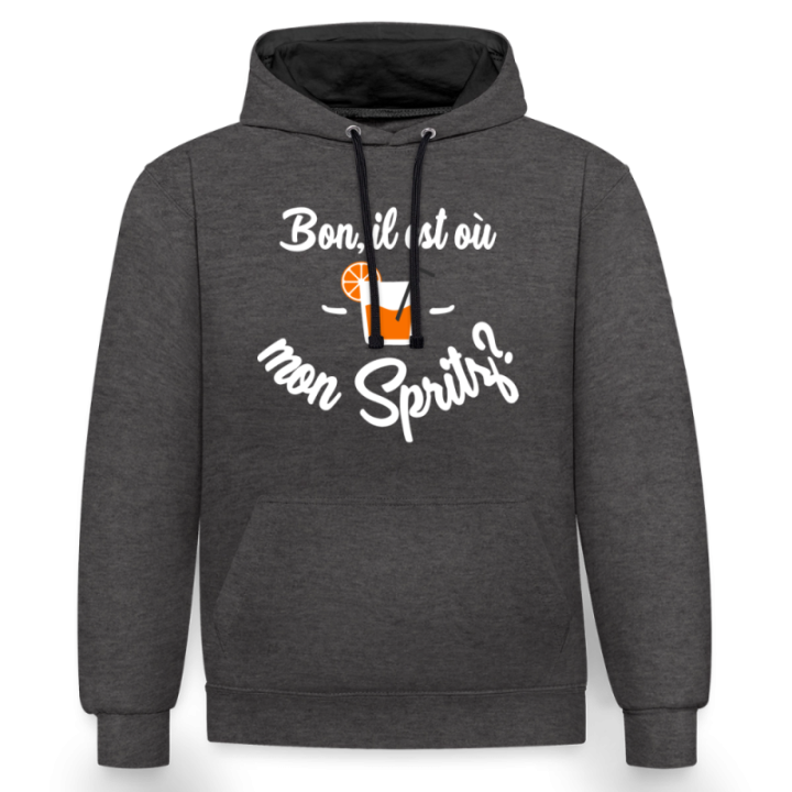 Sweat-shirt à capuche contrasté unisexe - Il est où mon spritz? - anthracite/noir - front