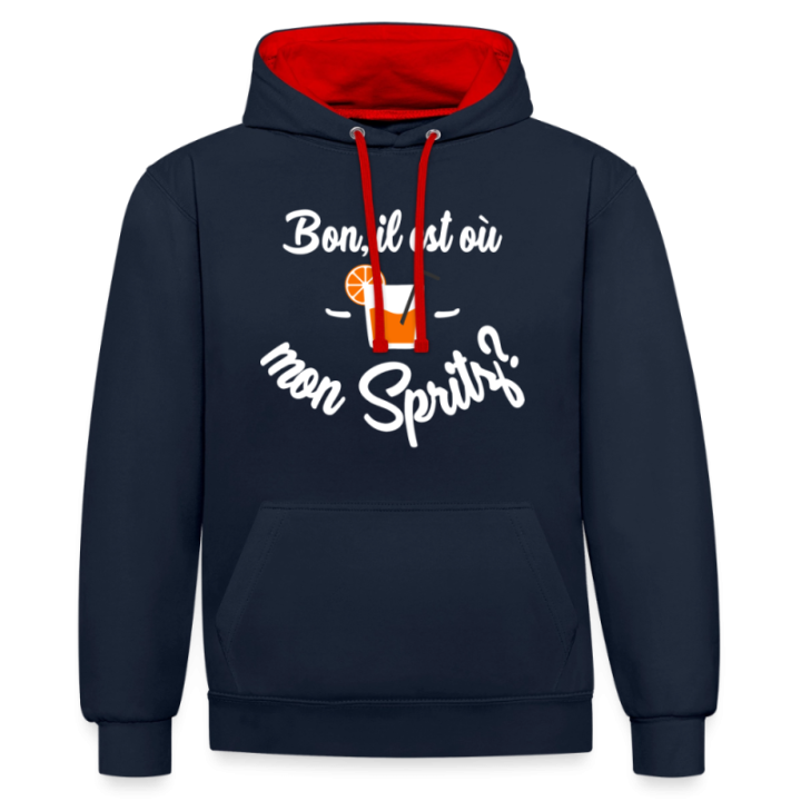 Sweat-shirt à capuche contrasté unisexe - Il est où mon spritz? - bleu marine/rouge - front