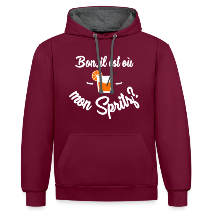 Sweat-shirt à capuche contrasté unisexe - Il est où mon spritz? - bordeaux/anthracite - front