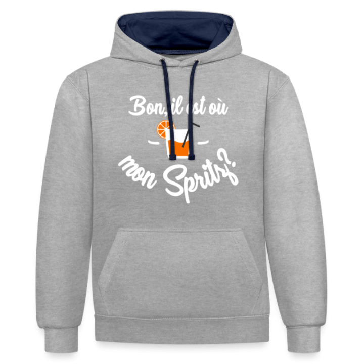 Sweat-shirt à capuche contrasté unisexe - Il est où mon spritz? - gris chiné/bleu marine - front
