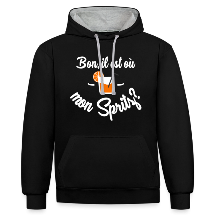 Sweat-shirt à capuche contrasté unisexe - Il est où mon spritz? - noir/gris chiné - front