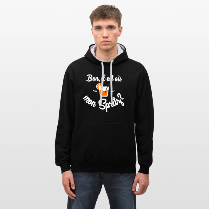Sweat-shirt à capuche contrasté unisexe - Il est où mon spritz? - noir/gris chiné - front