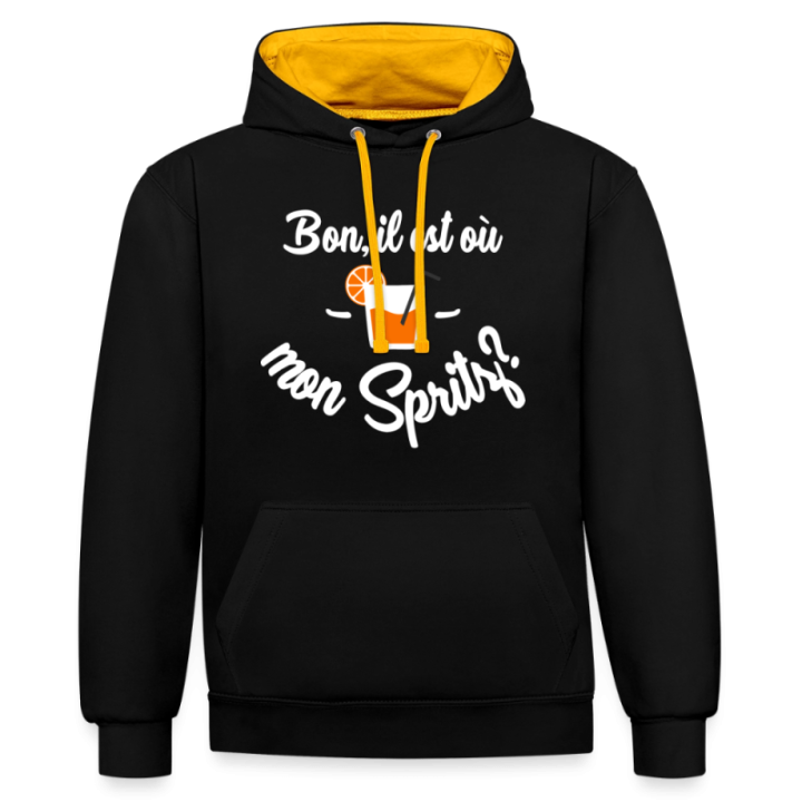 Sweat-shirt à capuche contrasté unisexe - Il est où mon spritz? - noir/or - front