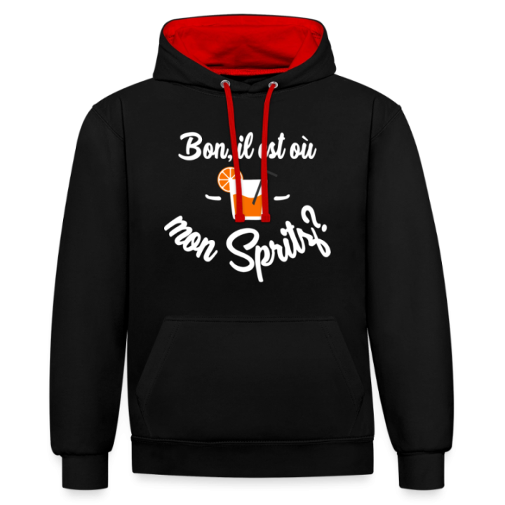 Sweat-shirt à capuche contrasté unisexe - Il est où mon spritz? - noir/rouge - front