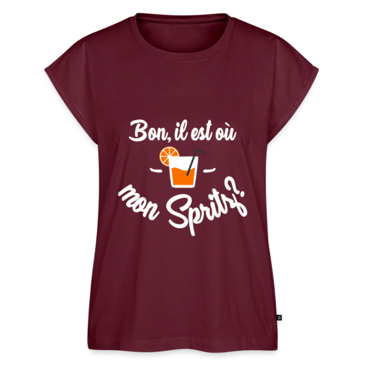 T-shirt à manches retroussées femme - Il est où mon spritz? - bourgogne - front