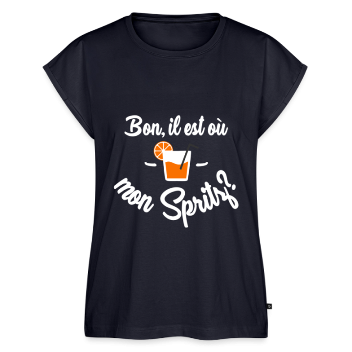 T-shirt à manches retroussées femme - Il est où mon spritz? - bleu marine - front