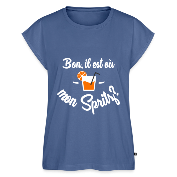 T-shirt à manches retroussées femme - Il est où mon spritz? - bleu pigeon - front