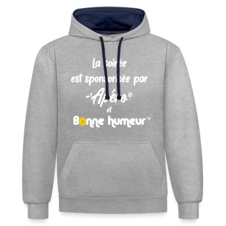 Sweat-shirt à capuche contrasté unisexe - Soirée apéro et bonne humeur - gris chiné/bleu marine - front