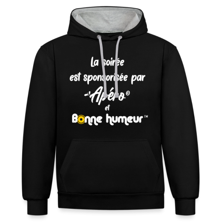 Sweat-shirt à capuche contrasté unisexe - Soirée apéro et bonne humeur - noir/gris chiné - front