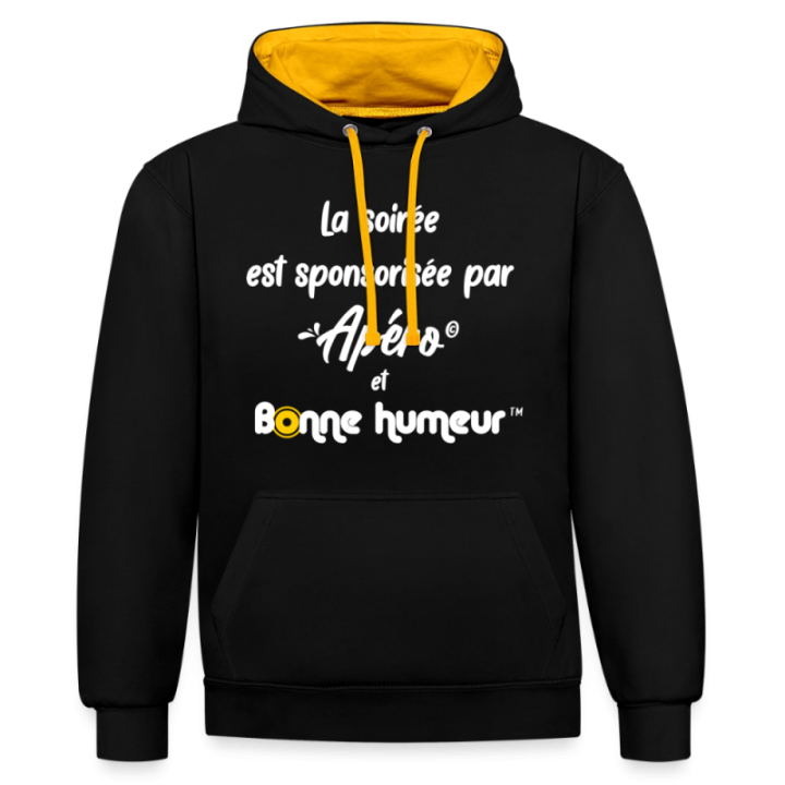 Sweat-shirt à capuche contrasté unisexe - Soirée apéro et bonne humeur - noir/or - front