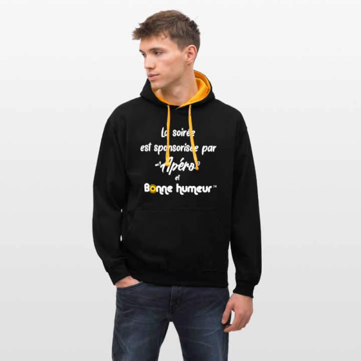 Sweat-shirt à capuche contrasté unisexe - Soirée apéro et bonne humeur - noir/or - front