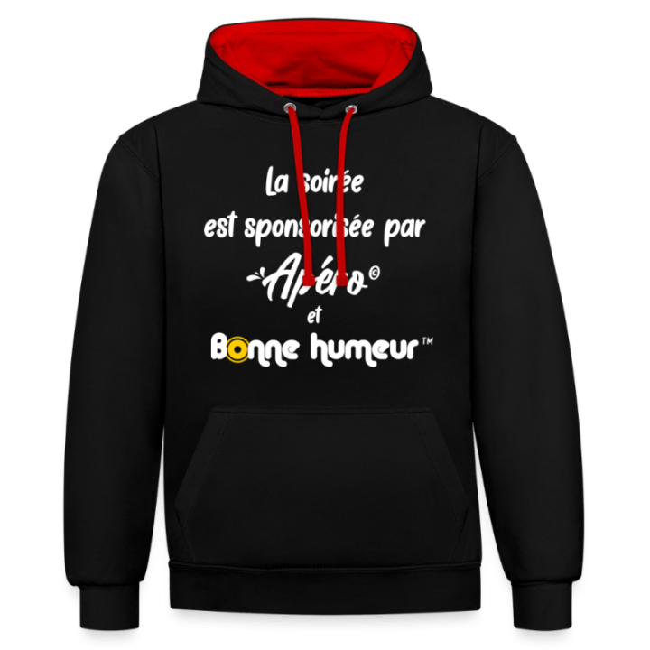 Sweat-shirt à capuche contrasté unisexe - Soirée apéro et bonne humeur - noir/rouge - front