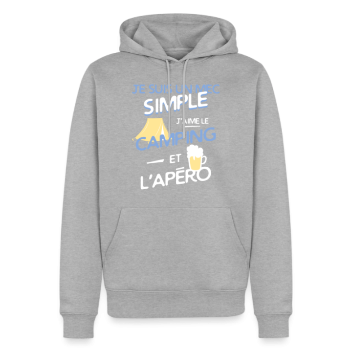 Sweat-shirt à capuche premium homme - Un mec simple: Camping et apéro - gris chiné - front